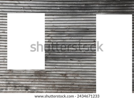 mock up empty white doorway in wooden wall made from lapped boards. Antique wooden window door. exterior of old house. background of home surface. mockup. isolated on white background mock-up template