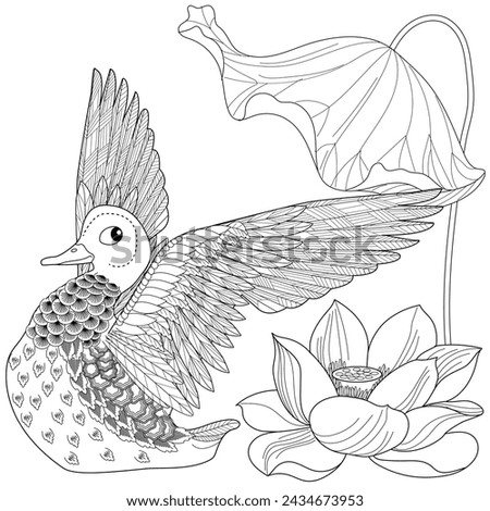 Art therapy coloring page. Coloring Book for adults and children. Colouring pictures with duck. Linear engraved art. Antistress freehand sketch drawing.

