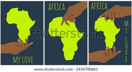 African postcard set with Africa continent in hand. Mainland of Africa in traditional african color in trendy retro flat style. Vector illustration can used card poster banner design. EPS 10 Royalty-Free Stock Photo #2434700861