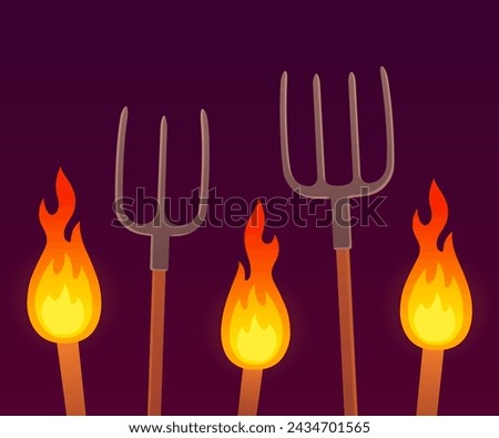 Burning torches and pitchforks, angry mob protest. Cartoon vector illustration.