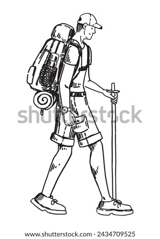 Traveler sketch, tourist clipart. Doodle of man walking with a backpack. Hand drawn vector illustration in engraving style.
