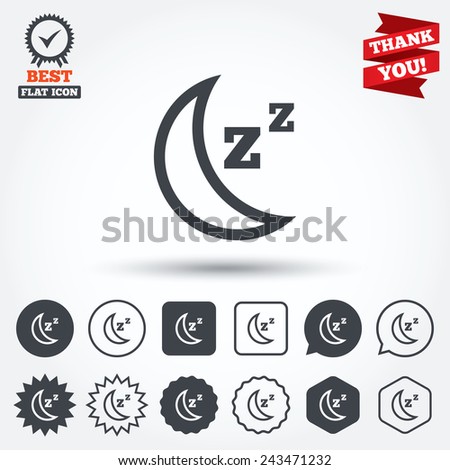 Sleep sign icon. Moon with zzz button. Standby. Circle, star, speech bubble and square buttons. Award medal with check mark. Thank you ribbon. Vector