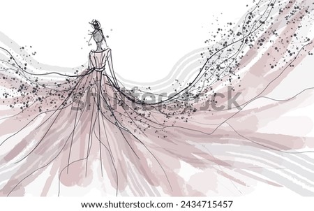Fashion sketch of a  rose pink flowing dress in watercolour style, abstract model with hair in a bun vector with copy space