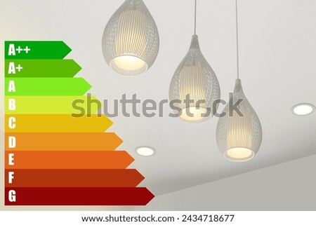 Energy efficiency rating label and pendant lamp on ceiling indoors