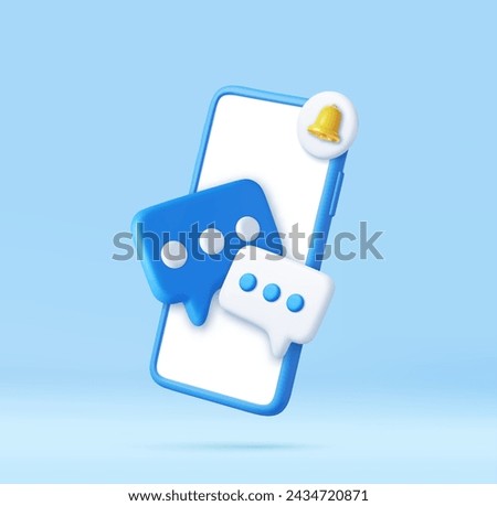 3D Mobile Phone with Speech bubble messages. Online chatting via smartphone with bell notification. Social media marketing concept. 3d rendering. Vector illustration