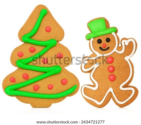 Gingerbread tree and snowman with abstract product background.