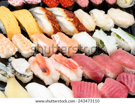 Sushi cuisine. Picture of Japanese traditional dishes.