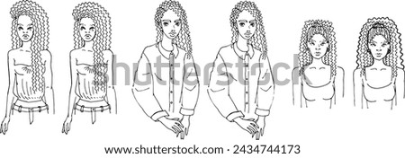 Set Line Clip Art Black Girls Fashion illustration for Design Drawing by hand woman with wavy hair. Minimalist stylized character Face