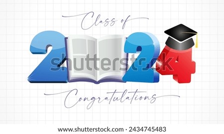 Class of 2024 congratulatios, greetation postcaring card concept. Invitation postcard design. Checkered notebook backdrop with clipping mask. Open 3D book and number with academic hat. Vector image.