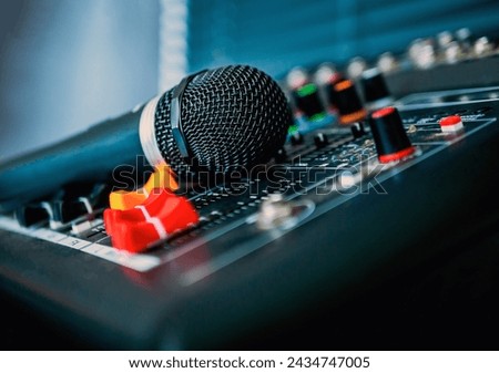Close-up  microphone on sound mixer in live broadcasting studio producer for sound record control system production and audio equipment and music instrument
