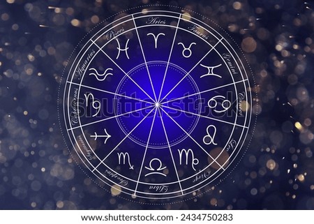 Zodiac wheel with symbols and names against space