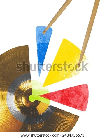 Poster. Contemporary art collage. Cymbal with drumsticks and abstract primary color shapes. Rhythm and dynamic musical movement. Concept of music festivals, concert and parties, classic and modern art
