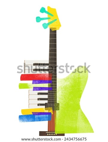 Poster. Contemporary art collage. Electric guitar with abstract colorful shapes. Sense of creativity and musical innovation. Concept of festivals, concert and parties, fusion of classic and modern art