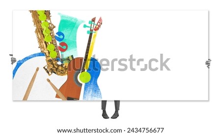 Poster. Contemporary art collage. Surreal saxophone, guitar, drumsticks, and person holds this artwork. Concept of music festivals, concert and parties, fusion of classic and modern art. Ad.