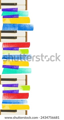 Poster. Contemporary art collage. Abstract colorful piano keys in vertical layout, creating vibrant and artistic representation of music. Concept of music festivals, fusion of classic and modern art.