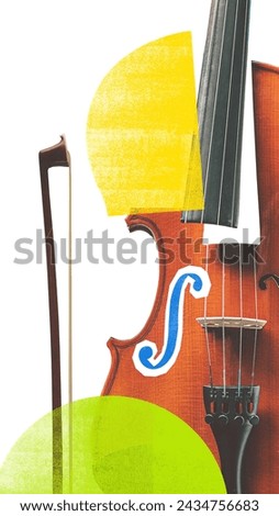 Poster. Contemporary art collage. Partial view of violin with bow with abstract yellow and green shapes overlaying. Creative musical expression. Concept of festivals, fusion of classic and modern art.