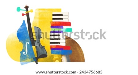 Poster. Contemporary art collage. Abstract artwork of violin, colorful piano keys and vinyl record, symbolizing fusion of classical and modern music. Concept of music festivals, concert and parties. Royalty-Free Stock Photo #2434756685