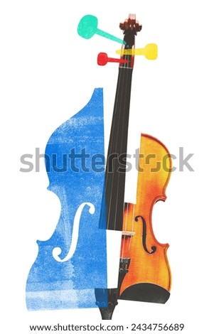 Poster. Contemporary art collage. Abstract violin with blue and red halves, representing traditional and digital music blend. Concept of festivals, concert and parties, classic and modern art.