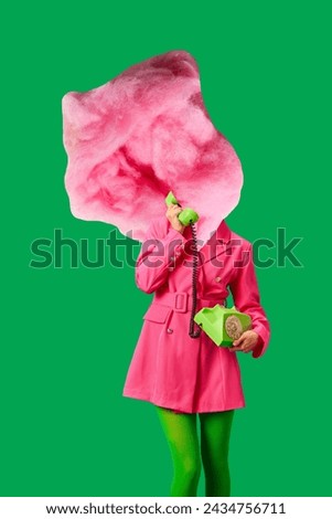 Contemporary art collage. Young woman in bright attire cotton candy instead of head talking on retro phone against vibrant background. Concept of creativity, inspiration, self-expression. Ad