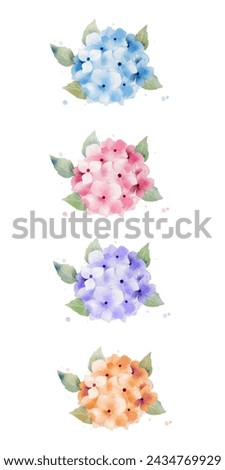 vector hydrangea collection. Watercolour hydrangea flowers in pink, blue, purple and orange colours. Flower clip art set