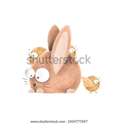 Easter bunny and funny chickens oil painting. Easter clip art. Cute animals illustration