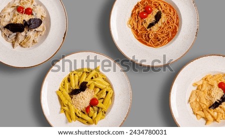 Pasta plates assortment top view isolated