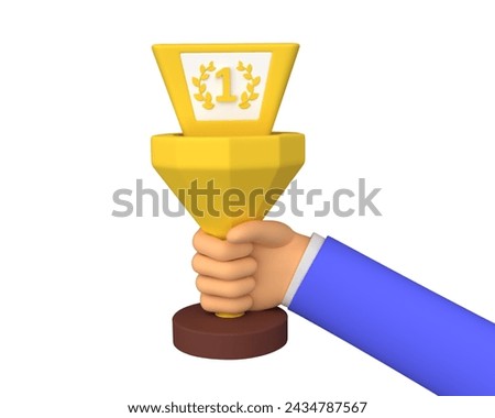 Champion holds a trophy cup in his hand. Victory celebration concept. 3d rendering