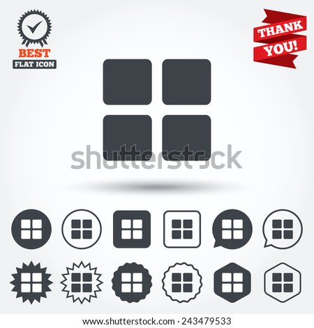 Thumbnails sign icon. Gallery view option symbol. Circle, star, speech bubble and square buttons. Award medal with check mark. Thank you ribbon. Vector