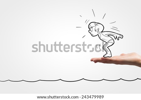 Caricature of man swimmer jumping from human palm