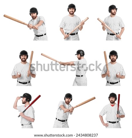 Baseball player with bat on white background, set of photos