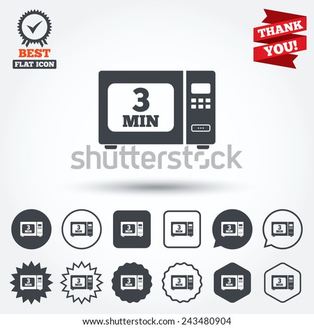 Cook in microwave oven sign icon. Heat 3 minutes. Kitchen electric stove symbol. Circle, star, speech bubble and square buttons. Award medal with check mark. Thank you ribbon. Vector