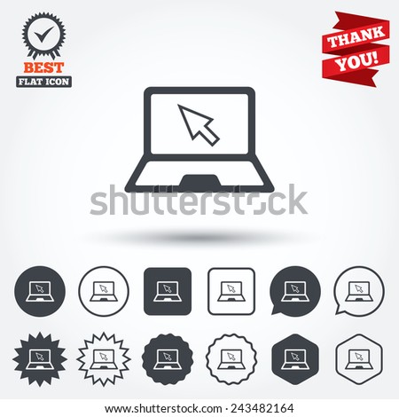 Laptop sign icon. Notebook pc with cursor pointer symbol. Circle, star, speech bubble and square buttons. Award medal with check mark. Thank you ribbon. Vector