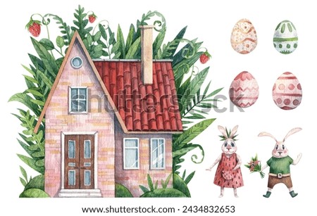 Cute Easter illustrations. Bunny family character. Easter eggs pysanka. Spring Easter cottage. Watercolor Easter art