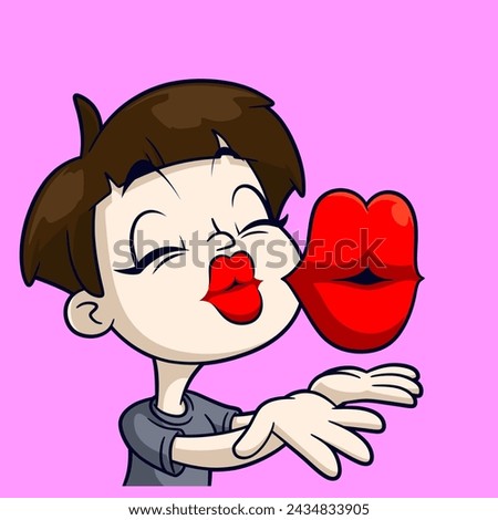 short hair girl giving kiss cartoon sticker emotes vector illustration