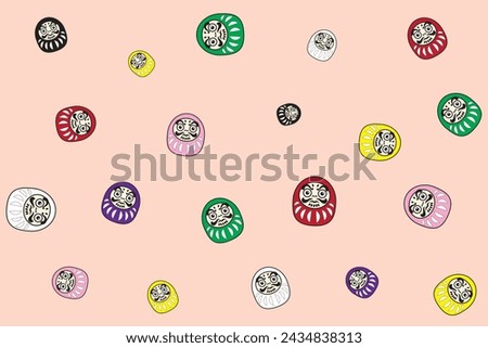 Illustration, pattern japan dall of daruma with lucky color on soft orange background. Royalty-Free Stock Photo #2434838313