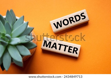 Words Matter symbol. Concept word Words Matter on wooden blocks. Beautiful orange background with succulent plant. Business and Words Matter concept. Copy space