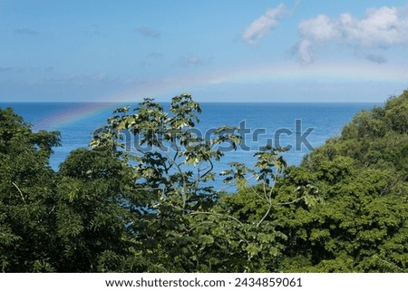 A rainbow frames the view looking West to the Caribbean Sea through tropical foliage on the island of St. Lucia in the West Indies.
