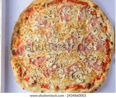 Isolated fresh baked pizza with ham and mushrooms on white background