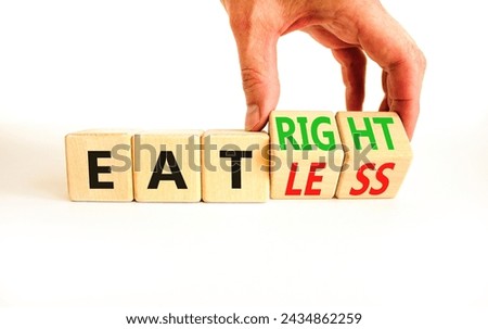 Eat less or right symbol. Concept words Eat less or Eat right on wooden cubes. Beautiful white table white background. Doctor hand. Healthy lifestyle and eat less or right concept. Copy space. Royalty-Free Stock Photo #2434862259