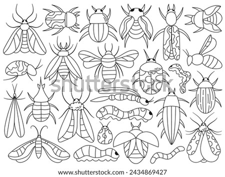 Doodle set with butterflies, beetles and bugs, warms and caterpillars insects outline coloring design vector illustration. Education and knowledge collection with cute drawings for teaching children