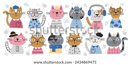 Portraits of funny cats wearing stylish clothes and trendy fashion accessories vector illustration. Cute animated adorable fluffy kitten domestic pet animals characters dressed in human apparel