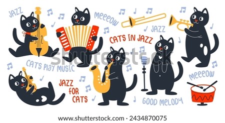 Cute cats musical jazz band animal characters playing music instrument, singing song set vector illustration. Funny positive kitten with violin, double-bass, trumpet, accordion performing concert