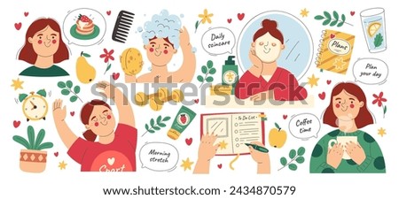 Young beautiful woman daily morning routine, female pleasant cosmetology procedure, pretty girl applying everyday skincare cosmetics and doing sport, filling out gratitude journal vector illustration Royalty-Free Stock Photo #2434870579