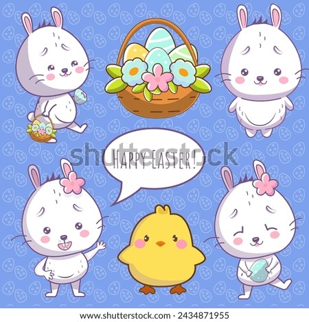 Easter bunny set in different poses with eggs, flowers and chicken, modern vector characters. Happy Easter clip art.