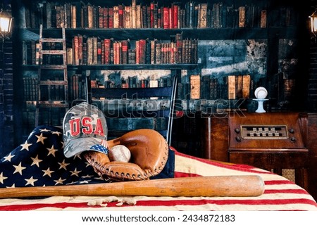 Baseball glove bat and ball on American flag with peanuts and baseball hat in old library