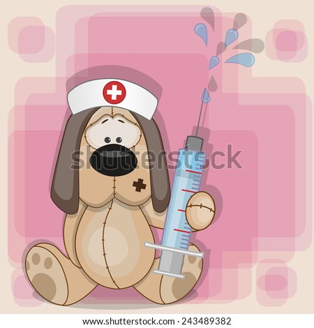 Dog nurse keep a syringe in his hand 