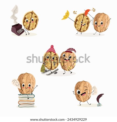 Cute cartoon nut, walnut characters set, collection. Flat vector illustration. Activities, playing musical instruments, sports, funny nuts.