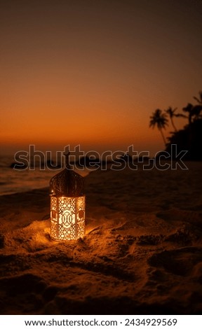 Ramadan lantern lamp,illuminated Ramadan lamp on the beach sunset background, vertical poster, 2024 Eid greetings 