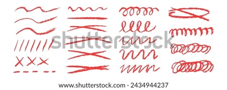 Red underlines and strikethrough strokes isolated on white background. Set of red hand drawn brush lines different forms. Rough charcoal strokes.Collection of vector grunge brushes.Charcoal strokes