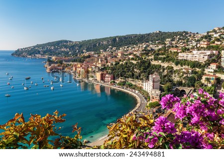 Panoramic view of Cote d'Azur near the town of Villefranche-sur-Mer Royalty-Free Stock Photo #243494881